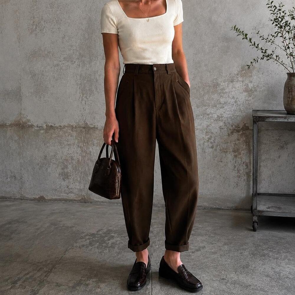 Vintage New Man France 100% Wool Brown Pleated High Waist Trousers 38